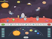 Space Design game screenshot showing a custom-made galaxy scene with a large purple planet, small green alien characters, and a cheerful astronaut floating in a nebula background. Play free online decorating game.