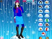 Screenshot of Winter Girl Dress Up showing the character wearing a warm, stylish coat, scarf, and hat in a snowy setting