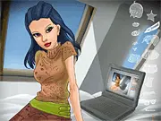 The 'Hacker Nerd' dress up game screenshot showing a young girl in a stylish outfit sitting at a computer.