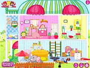 Small People House free online game screenshot, cleaning and arranging miniature furniture in a colorful dollhouse, creative cleanup game