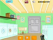 Gathe Escape: Laundry House free online game screenshot on PlayArcadeHub, showing a colorful, cluttered laundry room with a washing machine and clues.