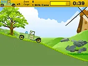 Ben 10 driving a milk delivery truck over a bumpy road in the Ben Milk Truck free online game.