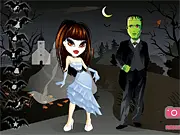 Screenshot of Bride of Prometheus dress up game showing the Frankenstein's Bride character in a modern, dramatic gothic dress