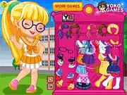 Screenshot of My School Uniform game showing a character with customizable shirts, skirts, and accessories for a school outfit.