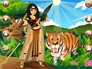Screenshot of the Amazon Queen Dress Up game showing a model with a cape and green jungle attire