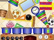 Messy Kitchen game screenshot showing a kitchen counter filled with trash and a vegetable about to drop into a pot, free online physics puzzle