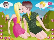 A young couple sharing a secret kiss in a public setting in the How to Kiss free online dating game