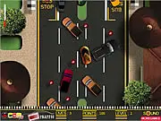The Crazy Traffic Racer free online game showing a car navigating heavy traffic on a multi-lane highway, avoiding other vehicles.