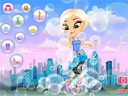 A girl dressed in fun, casual clothes, smiling and blowing bubbles in a park with a dog trying to pop them, representing the Bubbles Away game.