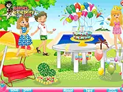 A beautifully decorated outdoor kitchen garden at sunset, set up for a celebration with lights and furniture - Kitchen Garden Party online game
