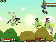 Ben10 Sky Battle game screenshot showing a Ben 10 alien form fighting Aggregor's robot troops in the sky on PlayArcadeHub