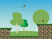 Screenshot of Jump Up 2 free online game, showing a small character preparing to jump across a gap in a precision-based platforming level toward a red flag.