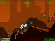 Screenshot of Space Wheels game showing a small space buggy driving over rough, cratered alien terrain under a starry sky