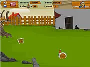 Screenshot from Shoot the Turkey online game showing the player's crosshairs aiming at cartoon turkeys escaping from a jail building