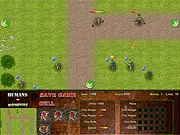Humans vs Monsters game screenshot showing military units (tanks, soldiers) fighting large green monsters on a battlefield, free defense strategy game