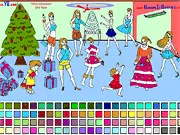 Girls Christmas Party free online coloring game screenshot with girls, a Christmas tree, and Mrs. Santa