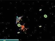 Screenshot of the Orbital Disruption free online game, showing a spaceship dodging multiple circular bombs and explosions in deep space.
