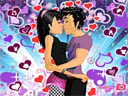 A teen couple standing close at a dance club, surrounded by a soft purple glow, with the girl wearing a trendy party dress and the boy in a stylish jacket, styled in the Dizzy Love game.