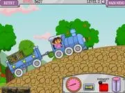 Dora the Explorer and Swiper driving the Dora Train Express, loaded with cargo, over a steep, green hill