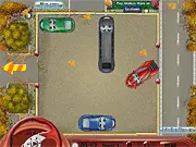 The Funny Cars 2 parking game showing a cartoon car maneuvering into a tight parking spot while avoiding a passing pedestrian