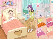 I Got A Fever dress up game screenshot, showing a girl in pajamas holding a steaming mug of tea while sick in bed