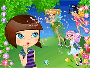 The Forever Fairies online dress-up game image showing a group of young, fabulously styled fairies with large, colorful wings.