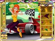 The Racing Queen dress up game screenshot showing the model Cindy posing in a stylish outfit, ready for her racing magazine photo shoot.
