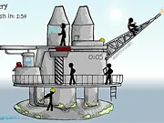 ClickDEATH 2 Oil Rig free online game screenshot showing stickmen workers and an oil rig platform during a disastrous chain reaction.