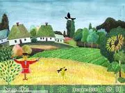Battle for the Harvest game screenshot showing a scarecrow in a watercolor-style field firing at a group of attacking birds on PlayArcadeHub