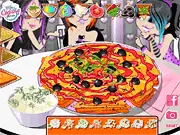 Large, layered nacho platter online game screen with chips, beans, sliced olives, and pouring yellow nacho cheese