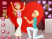 On Bended Knee dress up game screenshot showing a girl in a glamorous gown at a fancy Italian restaurant during a marriage proposal