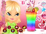 Close-up of a brightly colored, layered slushy in a tall glass, decorated with fruit slices and a straw, from the Slushy Screamer game