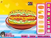 Screenshot of Hot Dog Decoration online game showing a plain hot dog waiting to be customized with sauces, relish, and other toppings