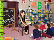 A woman with a warm smile, Miss Sonja, dressed in a cozy cardigan and stylish professional attire, sitting in a colorful classroom, ready to read a book, representing the Story Time with Sonja game.