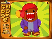 Screenshot of the Domo Kun dress up game showing the brown mascot wearing a funny, customized outfit with various accessories.