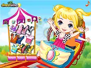 Screenshot of Rollercoaster Thrills dress up game, a girl in a stylish, colorful outfit preparing to ride a rollercoaster