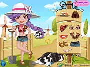 A cute cartoon girl in overalls and a plaid shirt, standing next to farm animals or a barn, ready to be dressed up.