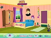 Screenshot of the Justin Bieber and Selena Gomez Fan Room Memory Game, showing a brightly decorated room with celebrity posters and memorabilia.