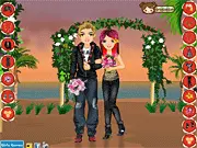 A rock-star couple on a beach in Hawaii, the bride in a tropical wedding dress and the groom in a stylish casual suit, styled in the online dress-up game.