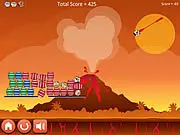 Screenshot of the Angry Cows online game showing a launched cow flying towards a fragile structure made of wooden barrels.