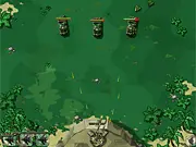Zone of War free online game screenshot showing a defensive base being attacked by enemy units, with upgrade menus and air support options, play on PlayArcadeHub