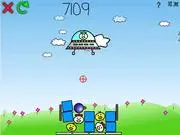 Play Bomb Them! Physics Game Online free. Screen showing bombs being launched to knock cute evil chickens off a wooden and stone structure.