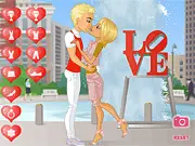 A young couple kissing near the fountain and iconic LOVE sculpture in Philadelphia, styled in the Fountains of Love dress-up game.