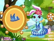 Screenshot of the Dress My Easter Bunny free online game showing a rabbit customized with a festive Easter outfit and accessories