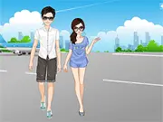 Screenshot from Perfect Spring Vacation Dress Up game showing a happy couple, Kate and David, dressed in coordinated spring travel outfits