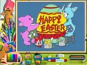 Online coloring page featuring a large decorated Easter egg and two small bunnies, ready to be colored with vibrant shades in a free online game.