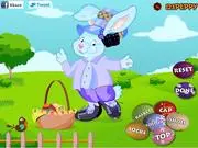 Screenshot of Easter Rabbit Dress Up free online game, showing a cheerful rabbit character being styled with various festive Easter clothes and accessories