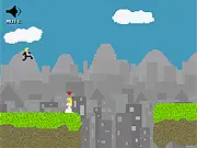 A pixel art groom character running away from multiple retro-styled brides and firing a laser gun in the game Groom on the Run.