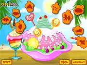 A colorful finished frozen yogurt dessert topped with icing, fruit, and whipped cream from the game menu of Frozen Yogurt Decoration.