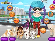 Screenshot of Cute Dog Walker Dress Up free online game, showing Cindy in a fashionable and practical outfit with leashes.
